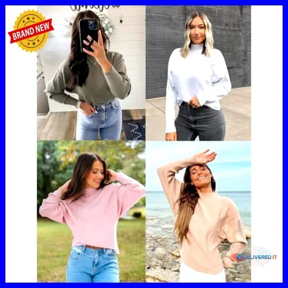 Ribbed Knit Turtleneck Pullover Batwing Sleeves Oversized Casual Soft Sweater - Picture 6 of 7